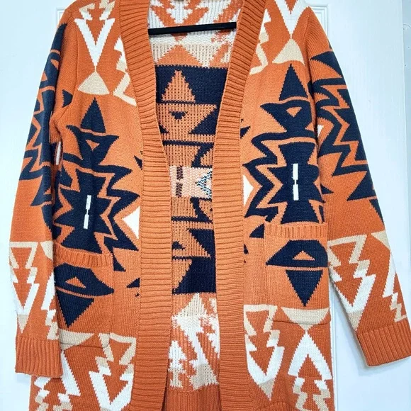 Cato Orange and Navy Geometric Cardigan - Picture 5 of 8